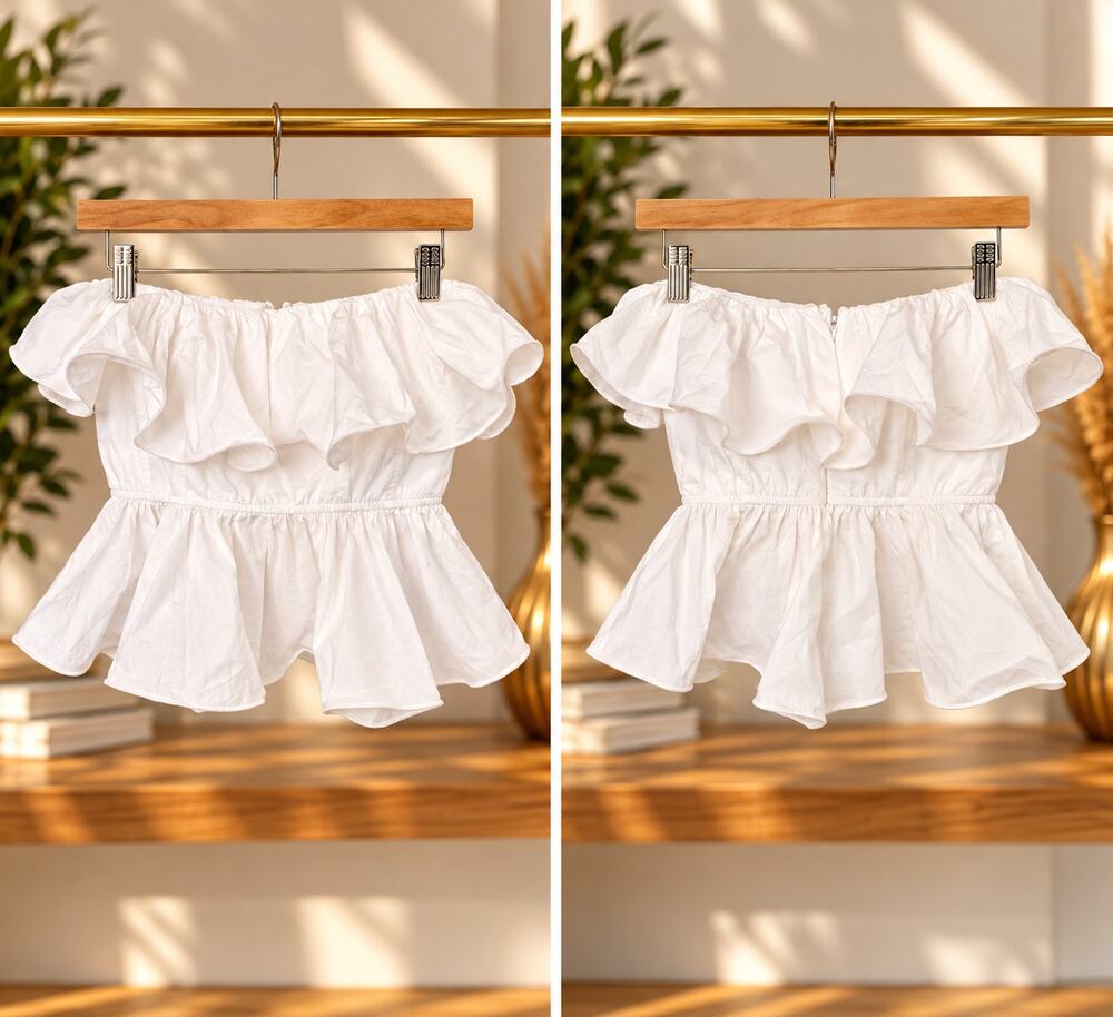 White Strapless Ruffle Peplum Crop Top